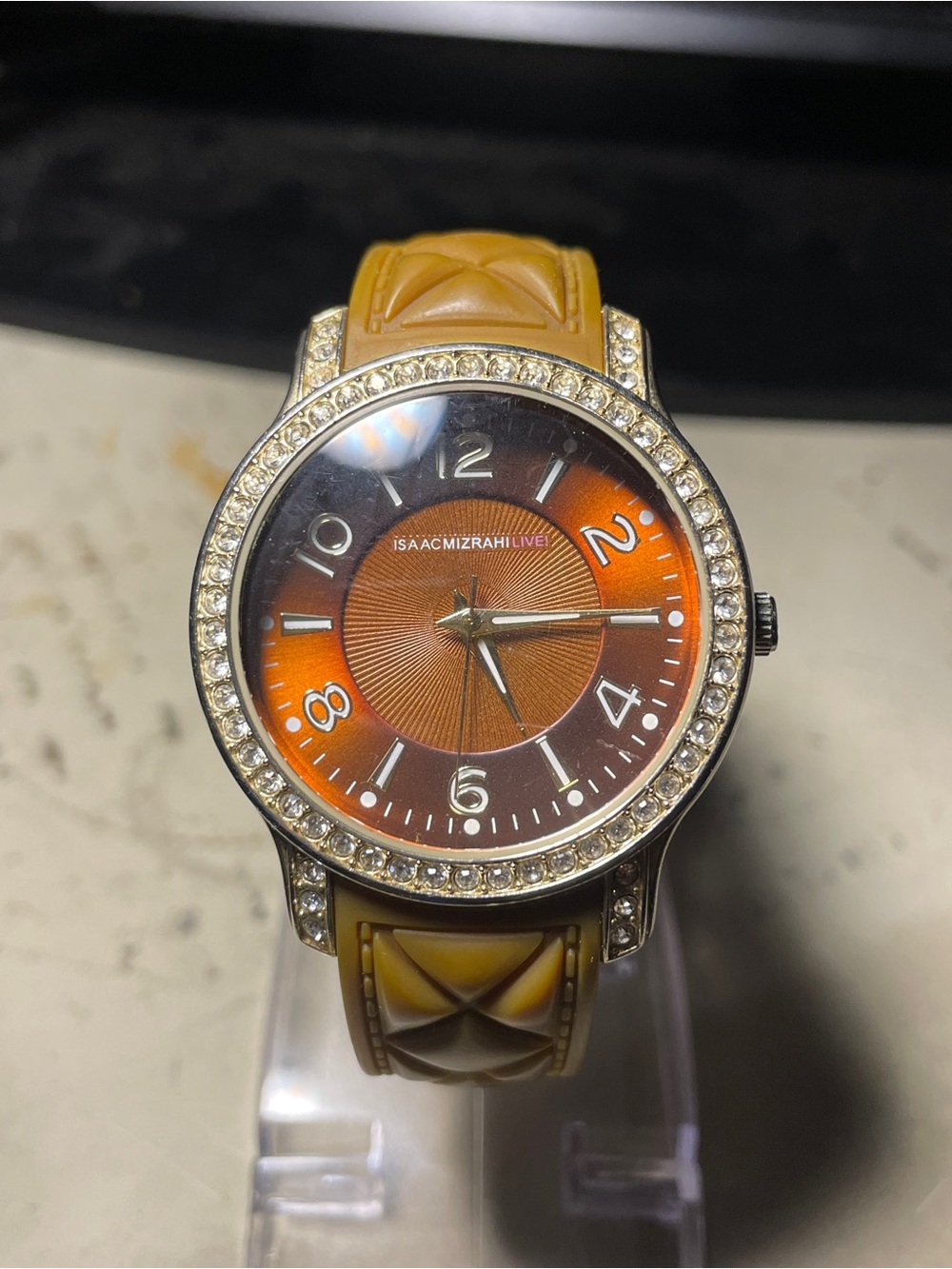 Isaac Mizrahi Women’s Orange Dial Watch with Crystal Bezel